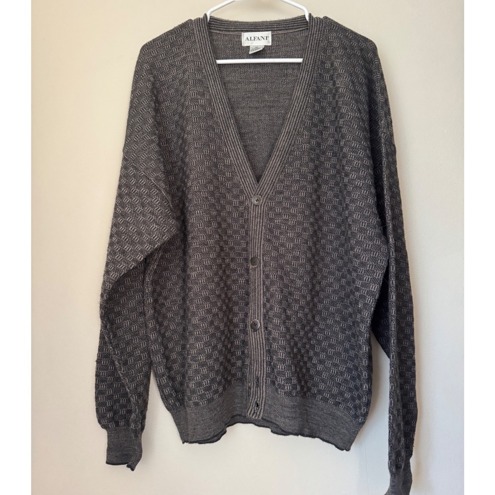 Alfani Mens XL Vintage Cardigan Sweater Gray Wool Geometric Grandpa Luxury Italy